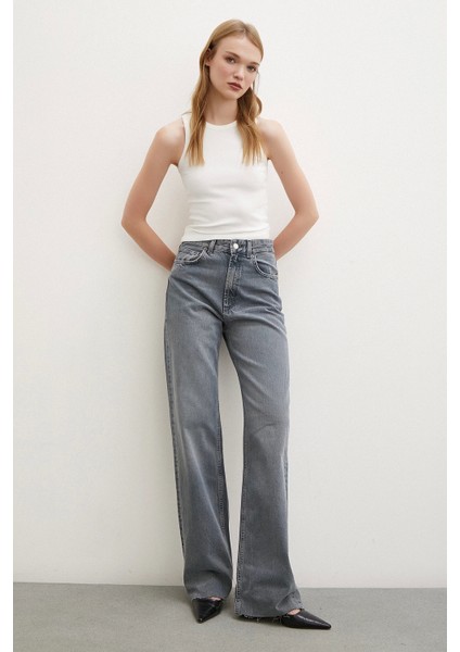 Yüksek Bel Kesik Paça Wide Leg Jean Füme fırsatları