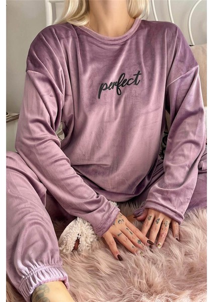 Lila Perfect Desenli Exclusive Kadife Kadın Pijama Takımı indirimleri