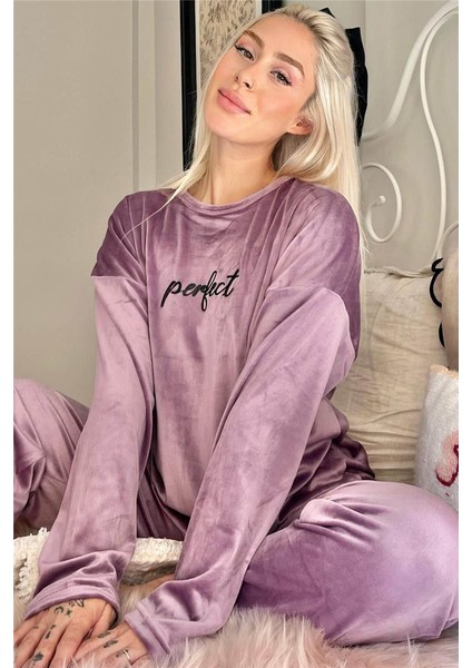 Lila Perfect Desenli Exclusive Kadife Kadın Pijama Takımı