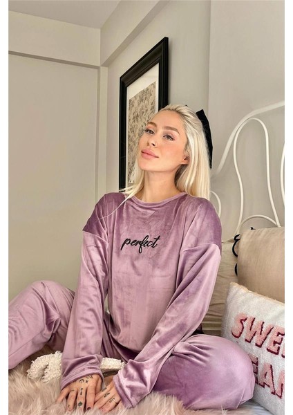 Lila Perfect Desenli Exclusive Kadife Kadın Pijama Takımı