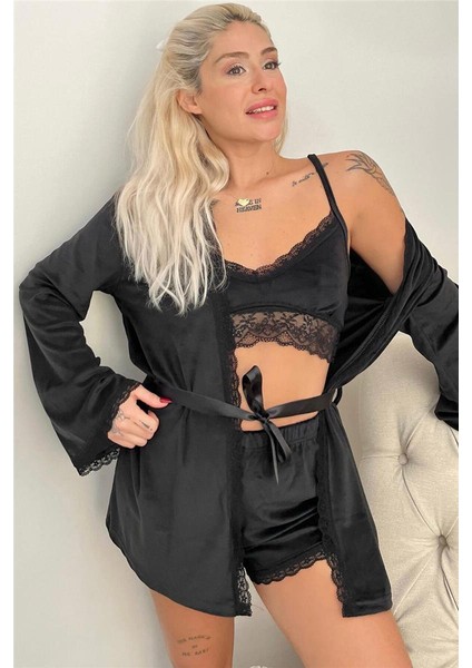 Siyah Bralet Exclusive Kadife Sabahlıklı Kadın Pijama Takımı