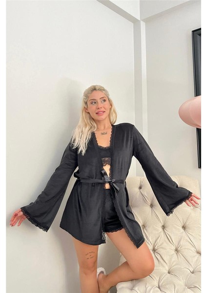 Siyah Bralet Exclusive Kadife Sabahlıklı Kadın Pijama Takımı fiyatları