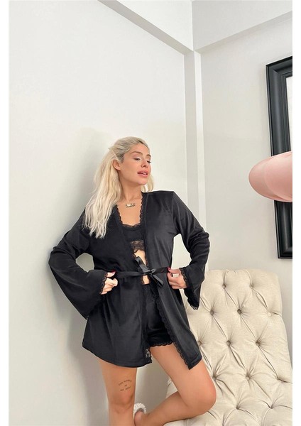 Siyah Bralet Exclusive Kadife Sabahlıklı Kadın Pijama Takımı modelleri