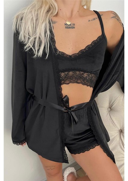 Siyah Bralet Exclusive Kadife Sabahlıklı Kadın Pijama Takımı fırsatları