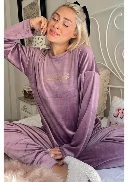 Lila Wonderful Desenli Exclusive Kadife Kadın Pijama Takımı