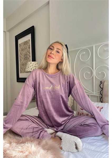 Lila Wonderful Desenli Exclusive Kadife Kadın Pijama Takımı