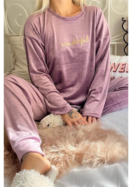 Lila Wonderful Desenli Exclusive Kadife Kadın Pijama Takımı