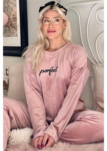 Pudra Perfect Desenli Exclusive Kadife Kadın Pijama Takımı