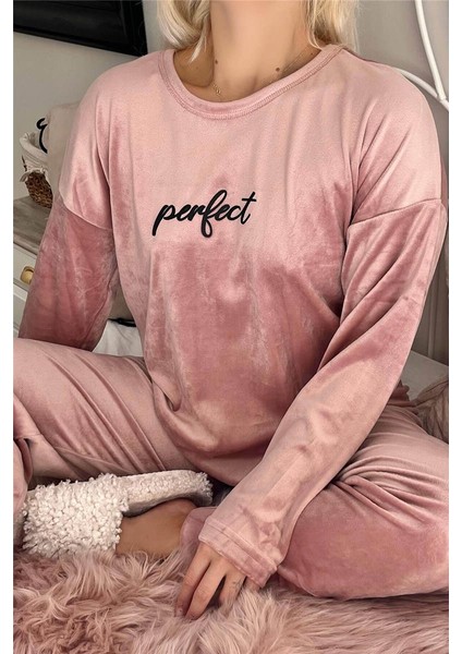 Pudra Perfect Desenli Exclusive Kadife Kadın Pijama Takımı fırsatları