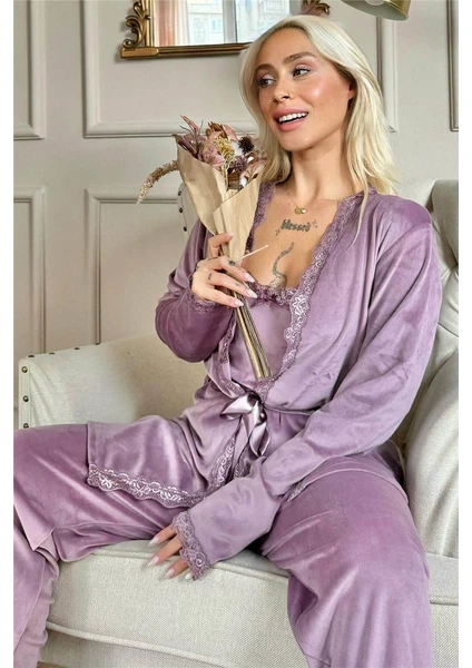 Mor Violet Exclusive Kadife Sabahlıklı Kadın Pijama Takımı 