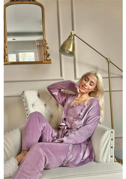 Mor Violet Exclusive Kadife Sabahlıklı Kadın Pijama Takımı