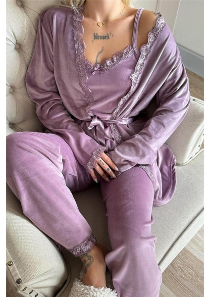 Mor Violet Exclusive Kadife Sabahlıklı Kadın Pijama Takımı