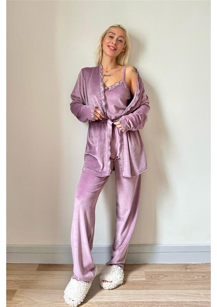 Mor Violet Exclusive Kadife Sabahlıklı Kadın Pijama Takımı