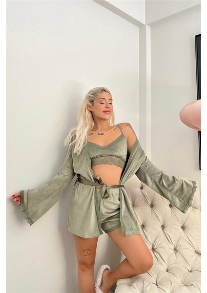 Yeşil Bralet Exclusive Kadife Sabahlıklı Kadın Pijama Takımı fiyatları