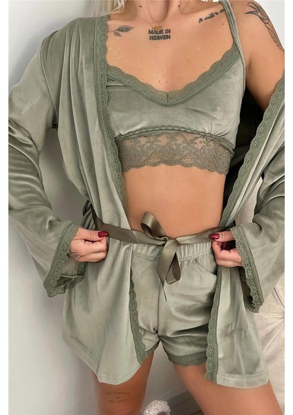 Yeşil Bralet Exclusive Kadife Sabahlıklı Kadın Pijama Takımı fırsatları
