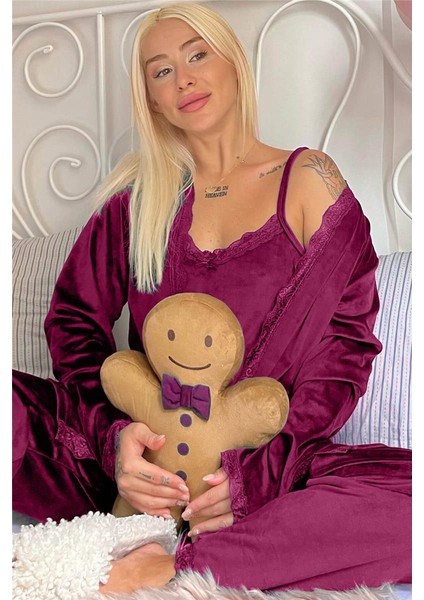 Mürdüm Garnet Exclusive Kadife Sabahlıklı Kadın Pijama Takımı