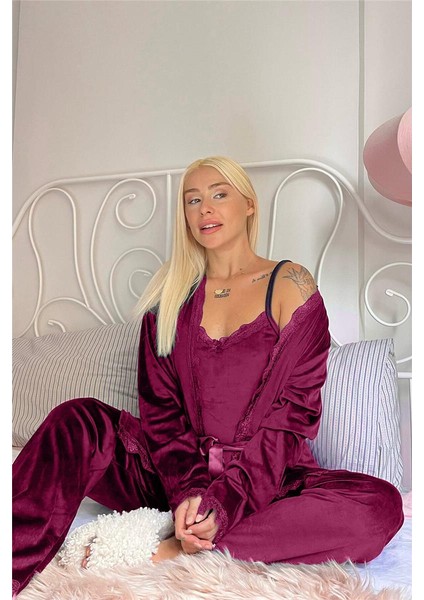 Mürdüm Garnet Exclusive Kadife Sabahlıklı Kadın Pijama Takımı fiyatları