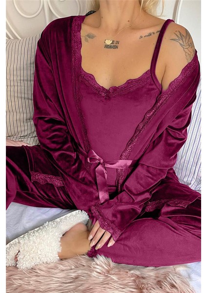 Mürdüm Garnet Exclusive Kadife Sabahlıklı Kadın Pijama Takımı fırsatları