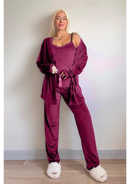 Mürdüm Garnet Exclusive Kadife Sabahlıklı Kadın Pijama Takımı indirimleri
