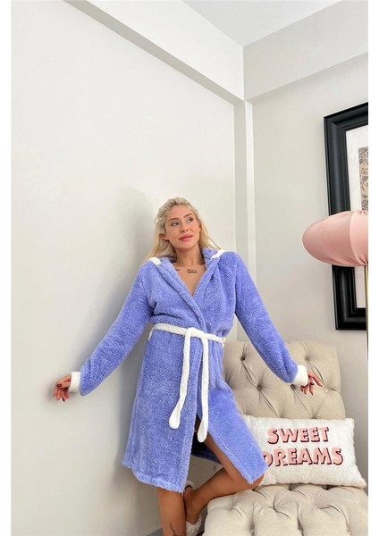 Pijama Evi Lila Time Winter Desenli Kapşonlu Peluş Kadın Sabahlık