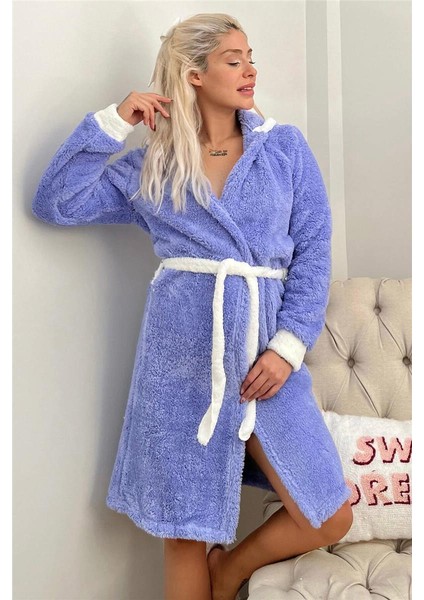 Lila Time Winter Desenli Kapşonlu Peluş Kadın Sabahlık