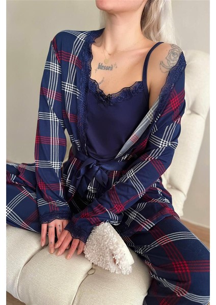 Lacivert Ekose Desenli Bambu Sabahlıklı Kadın Pijama Takımı indirimleri