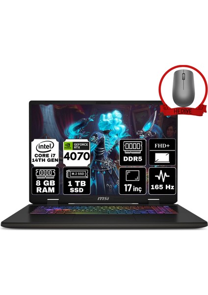 Msı Sword 17 Hx Intel Core I7 14700HX 8gb 1tb SSD RTX4070/8GB Windows 11 Home 17" Fhd+ 165Hz Taşınabilir Bilgisayar B14VGKG-054XTR-A34 & Anzar Mouse