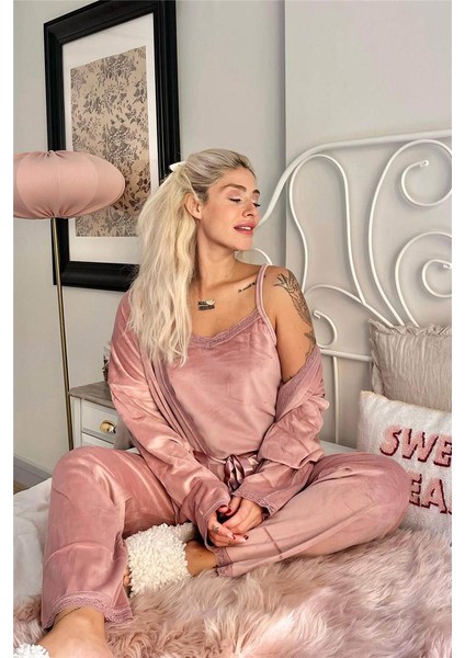 Kadife Kadın Pijama Takımı Dantelli Pembe Renkli 2024 Sonbahar-Kış fiyatları