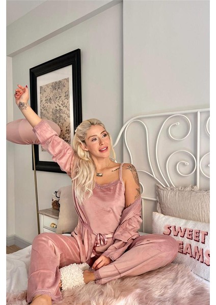 Kadife Kadın Pijama Takımı Dantelli Pembe Renkli 2024 Sonbahar-Kış modelleri
