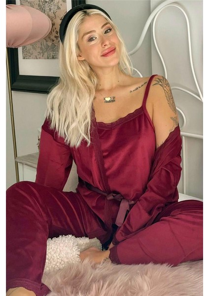 Bordo Claret Exclusive Kadife Sabahlıklı Kadın Pijama Takımı