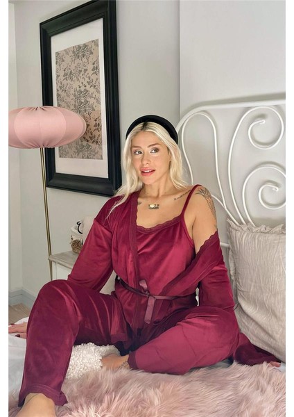 Bordo Claret Exclusive Kadife Sabahlıklı Kadın Pijama Takımı modelleri