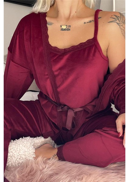 Bordo Claret Exclusive Kadife Sabahlıklı Kadın Pijama Takımı fırsatları