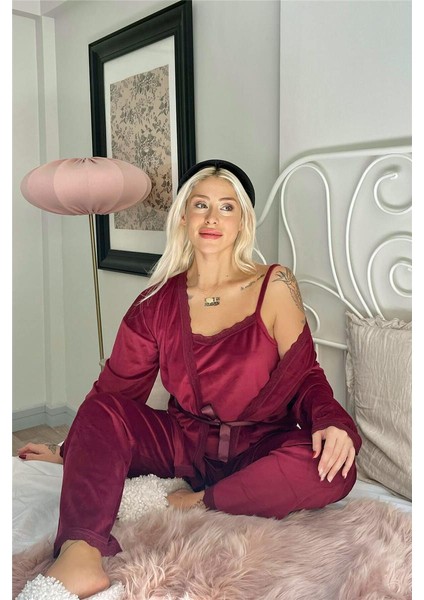 Bordo Claret Exclusive Kadife Sabahlıklı Kadın Pijama Takımı fiyatları