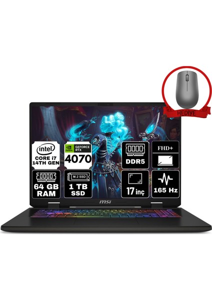 Msı Sword 17 Hx Intel Core I7 14700HX 64GB 1tb SSD RTX4070/8GB Freedos 17" Fhd+ 165Hz Taşınabilir Bilgisayar B14VGKG-054XTR-A26 & Anzar Mouse