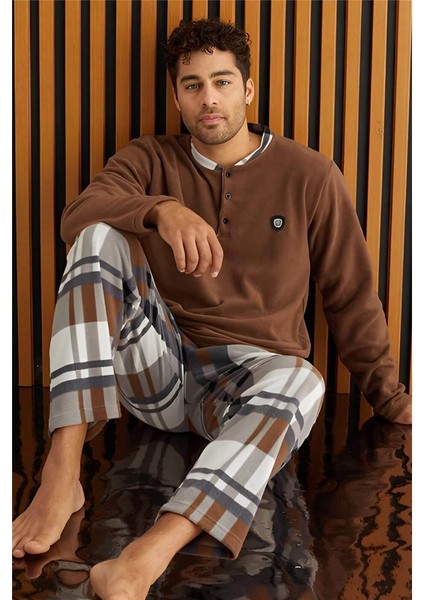 Kahve Beyaz Ekose Desenli polar erkek pijama takımı