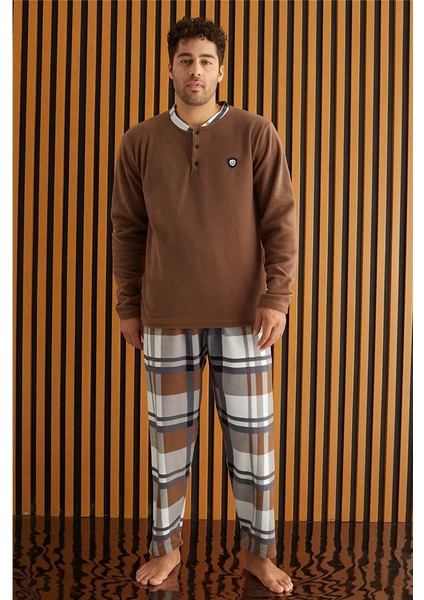 Kahve Beyaz Ekose Desenli polar erkek pijama takımı fiyatları