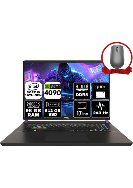 Msı Vector 17 Hx Intel Core I9 14900HX 96GB 512GB SSD RTX4090/16GB Windows 11 Home 17" Qhd+ 240Hz Taşınabilir Bilgisayar A14VIG-879XTR-A61 & Anzar Mouse