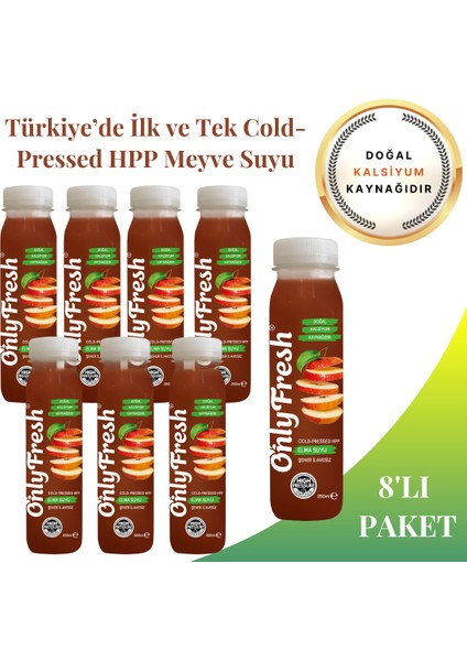 Elma Suyu Taze Soğuk Sıkım %100 Saf 250ml x 8 adet