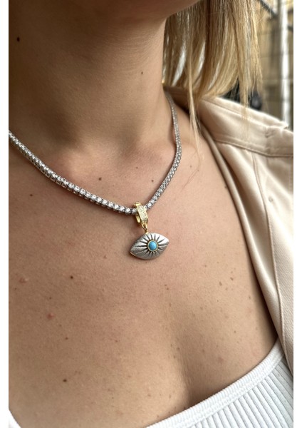 925 Ayar 3mm Su Yolu , Ortası Mineli Nazar,göz Charm Gümüş Kolye,