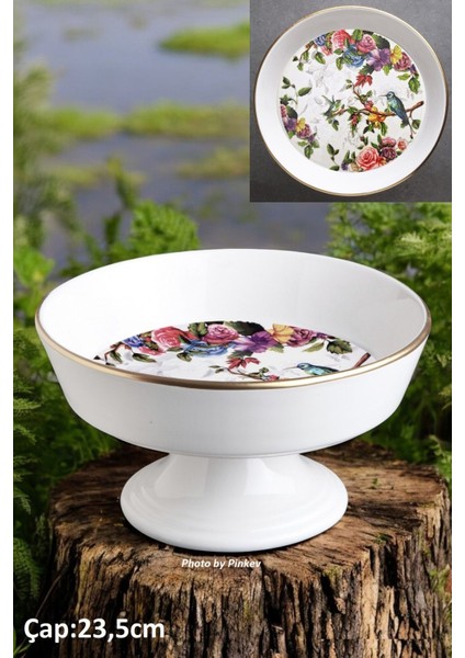 Flora Seramik Ayaklı Meyvelik Salata Kasesi Sunum Tabağı - 23,5cm