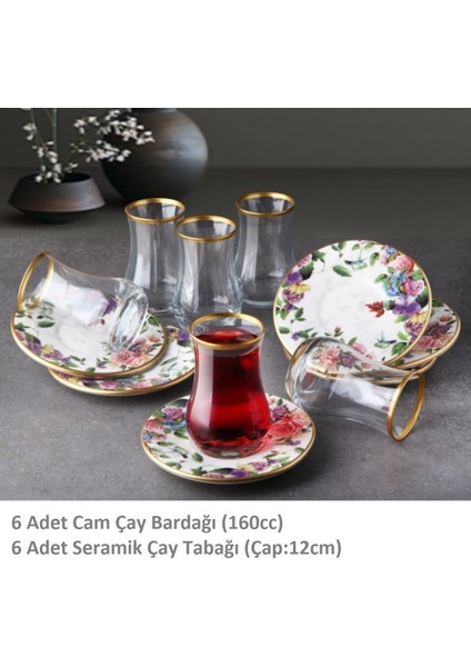 Flora 6 Kişilik Seramik Meyvelikli Çay Bardaklı Pasta Sunum Tabağı Kombin Set - KUP106F