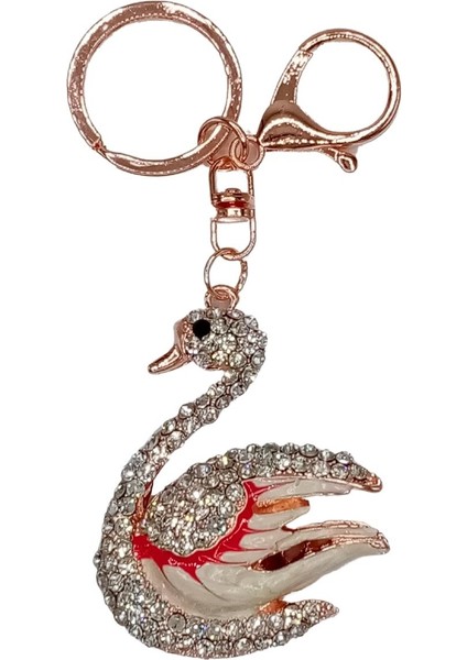Kristal Taşlı Beyaz Kırmızı Kuğu Anahtarlık No.1