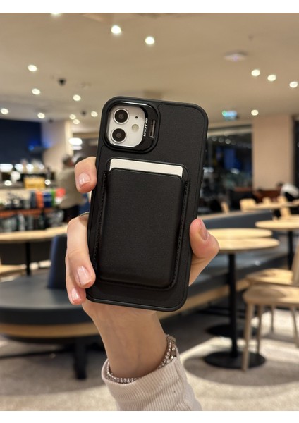 Paladyum Case iPhone 11 Uyumlu Premium Siyah Deri Magsafe Cüzdanlı Kartlıklı Kamera Çerçeve Standlı Kılıf