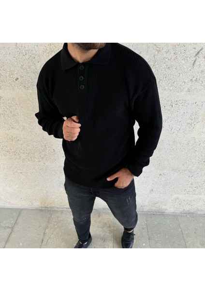 Siyah 3 Düğme Selanik Örme Triko Kazak fırsatları