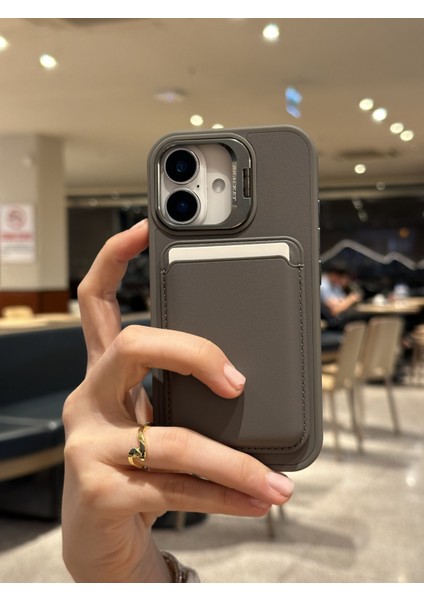 iPhone 16 Uyumlu Premium Titanyum Gri Deri Magsafe Cüzdanlı Kartlıklı Kamera Çerçeve Standlı Kılıf