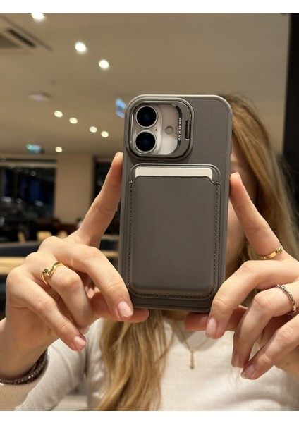 iPhone 16 Uyumlu Premium Titanyum Gri Deri Magsafe Cüzdanlı Kartlıklı Kamera Çerçeve Standlı Kılıf modelleri