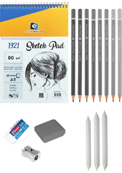 Fio A5 Eskiz Defterli Karakalem Çizim Seti Eskiz Seti Bigpoint Dereceli Kalem Seti Pastel Dağıtıcı