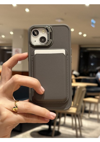 Apple iPhone 15 Plus Uyumlu Premium Titanyum Gri Deri Magsafe Cüzdanlı Kartlıklı Kamera Çerçeve Standlı Kılıf
