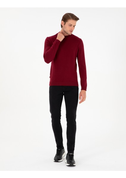 Erkek Vişne Slim Fit Yarım Balıkçı Yaka Basic Triko Kazak 50296564-VR223