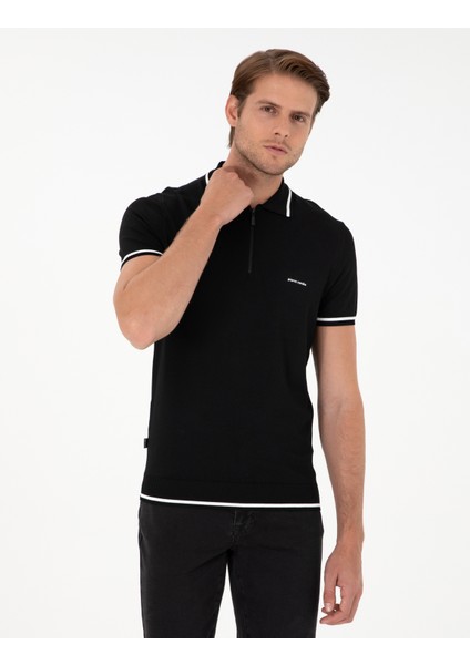 Erkek Siyah Slim Fit Fermuarlı Polo Yaka Yün Karışımlı Triko Tişört 50296436-VR046